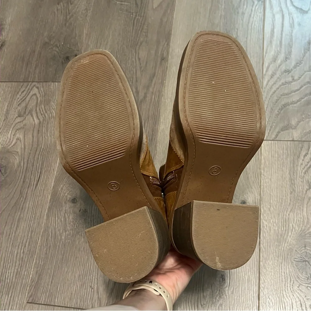 Brown and tan patchwork heeled boots - Picture 8 of 8